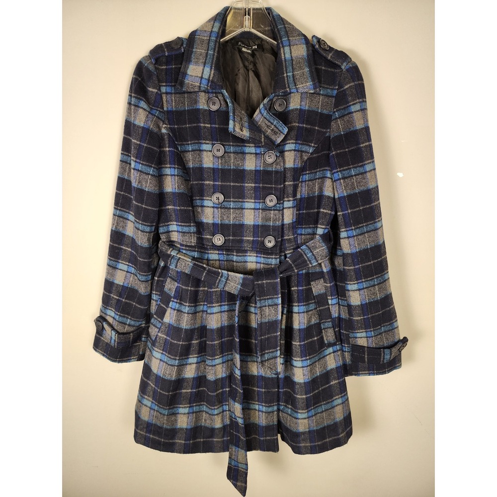 Forever 21 Double Breasted Belted Plaid Peacoat Women M Blue Black Preppy Office